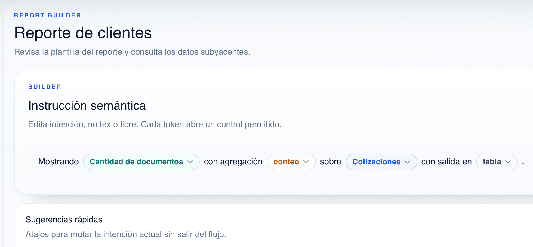 Vista previa del builder de reportes en Ouro