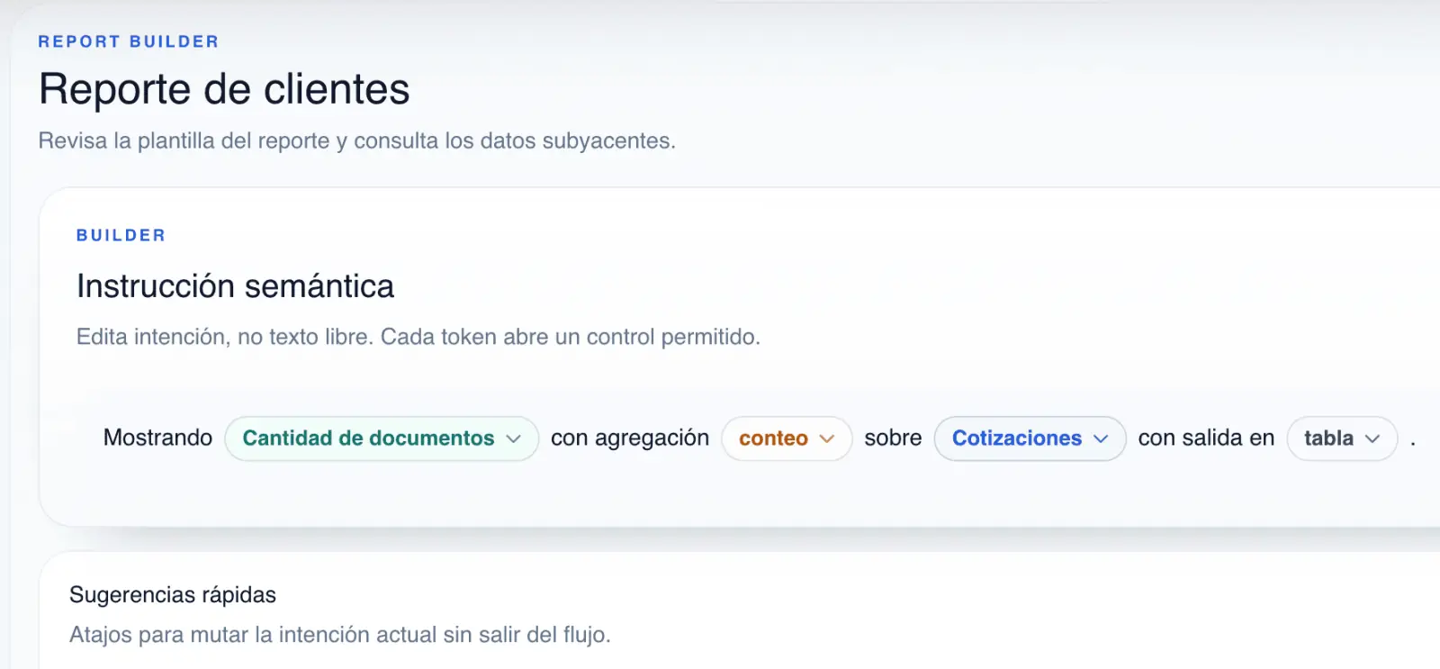 Vista previa del builder de reportes en Ouro